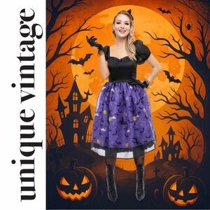 Unique Vintage Light Up 1950s Black & Purple Witch Swing Dress, NWT!